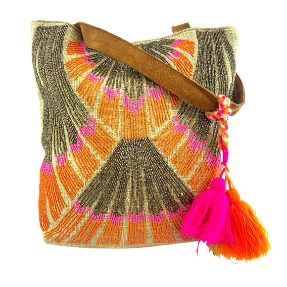 Camel Threads Totes n Toes Beaded Tote Bag Large Vibrant Pink Boho Beach Tassels main image 4